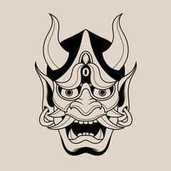 Hand drawn traditional tattoo of a Japanese oni mask outline 7