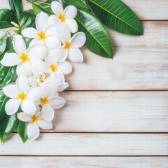 Beautiful white plumeria flowers with green leaves on a rustic wooden background, ideal for nature and wellness themes.