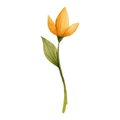 Single watercolor illustration of a yellow flower with green stem and leaves.