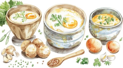 Chawanmushi savory egg custard with ingredients,Clipart, watercolor illustration, Perfect for nursery art The style is hand  drawn, white background