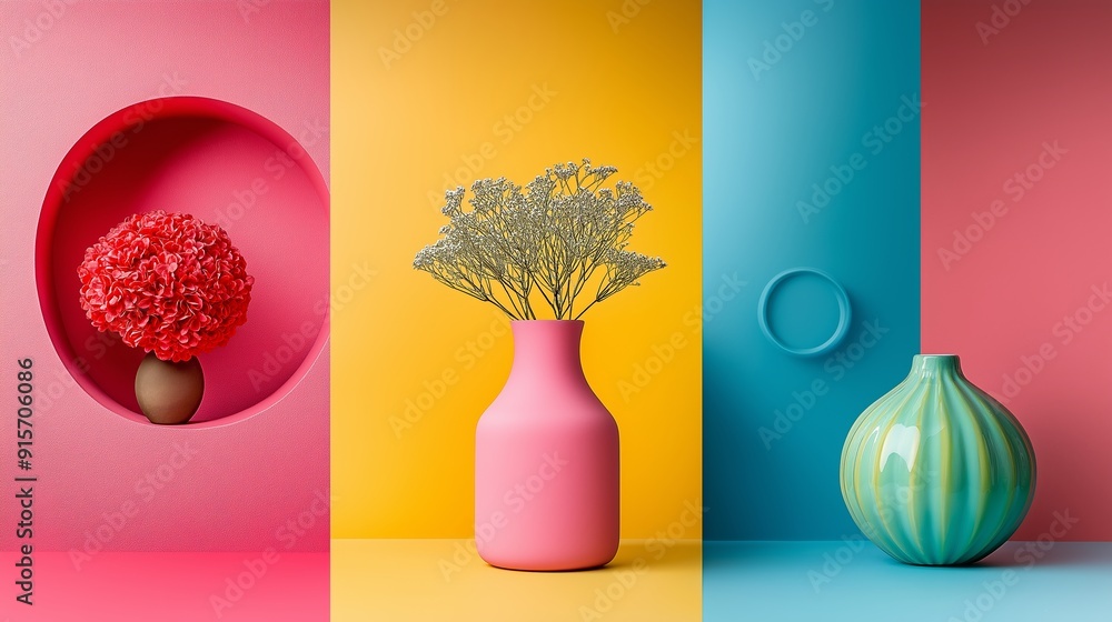 Poster three vases of different shapes and sizes, placed on a colorful background. the vases are arranged i