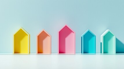 A row of colorful houses with a blue background. The houses are arranged in a row and are of different colors