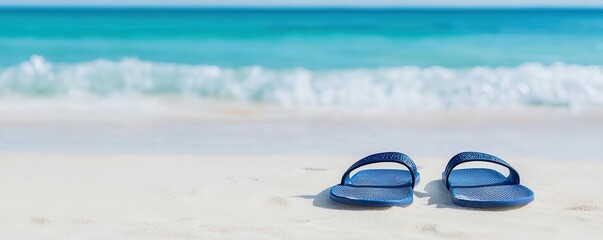 Closeup of flip-flops in the sand, ocean waves in the background, Labor Day getaway