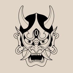 Hand drawn traditional tattoo of a Japanese oni mask outline 8