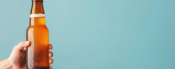 Closeup of a cold beer bottle in hand, condensation visible, Labor Day chill