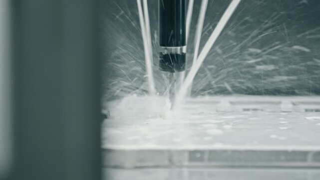 Precision engineering in manufacturing: cnc machine drills metal with cooling liquid, showcasing automated process