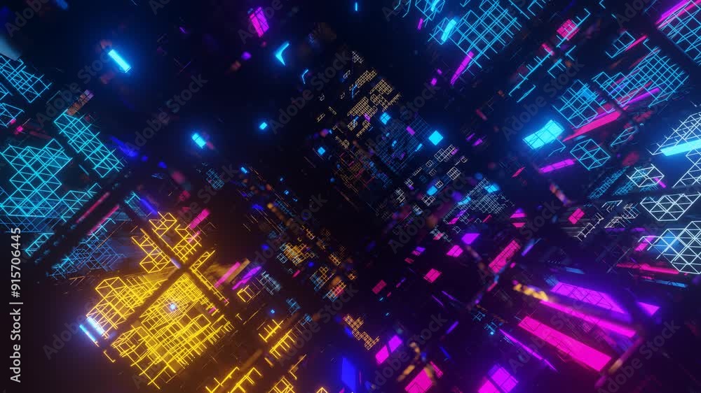 Aufkleber abstract frames and boxes. fly through technology cyberspace with neon glow. sci-fi flight through h