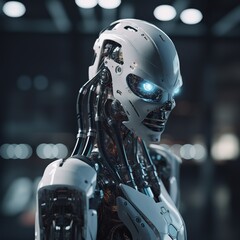 Close-up of a robotic head with glowing blue eyes.