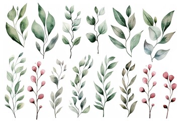 Fototapeta premium Watercolor illustration of various green and pink floral elements, perfect for invitations, cards and other designs.