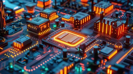 Obraz premium Neon-lit circuit boards creating a cityscape