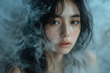 Fototapeta premium Close-up portrait of a woman with freckles surrounded by smoke
