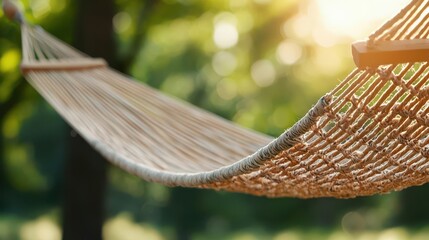 Fototapeta premium Closeup of a hammock gently swaying, dappled sunlight, Labor Day relaxation