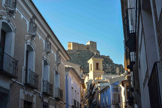 View of the castle of Mula, from the street of the cano, a very photogenic place Mula, Murcia, Spain 2022