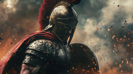 Illustration of spartan warrior in armor, Roman Greek military, muscular ancient soldier, battle, war