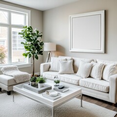 Modern living room with neutral tones, elegant furniture, and greenery, creating a serene and inviting atmosphere.