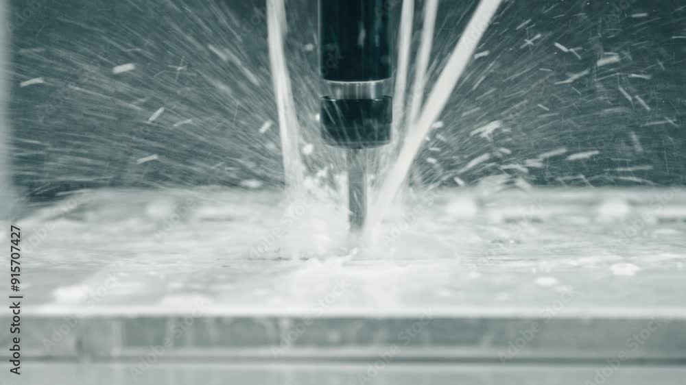 Poster high-speed cnc machine milling metal with coolant splashing, generating sparks and liquid spray. cap