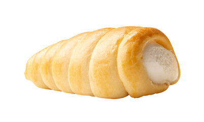 Side view of puff pastry cream horn isolated on white background