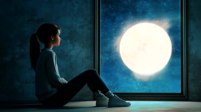 Seamless looping 4k time-lapse animation video background of a young girl sitting alone by a large window, gazing at a bright full moon, reflecting solitude and quiet contemplation in a minimalist ind