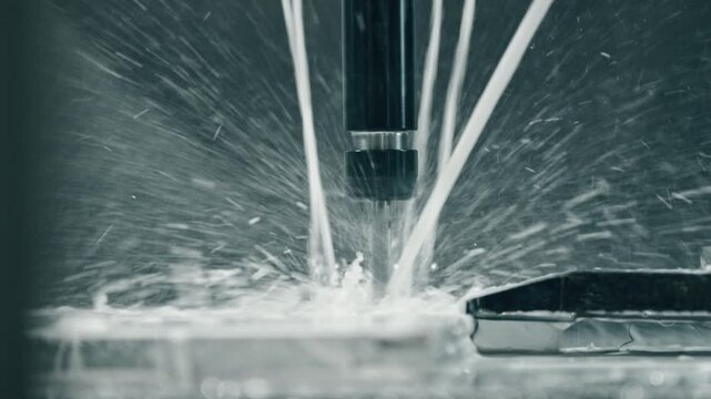 High-speed cnc milling machine cutting metal with coolant spray, showcasing precision machining and dynamic fluid motion for manufacturing industry