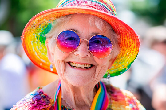 Stock photo of a smiling elderly LGBTQ+ individual at a pride event, wearing a colorful hat and rainbow accessories
