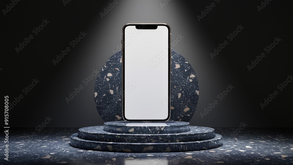Poster 3d render of a smartphone displayed on a terrazzo podium with a blank screen against a dark gradient