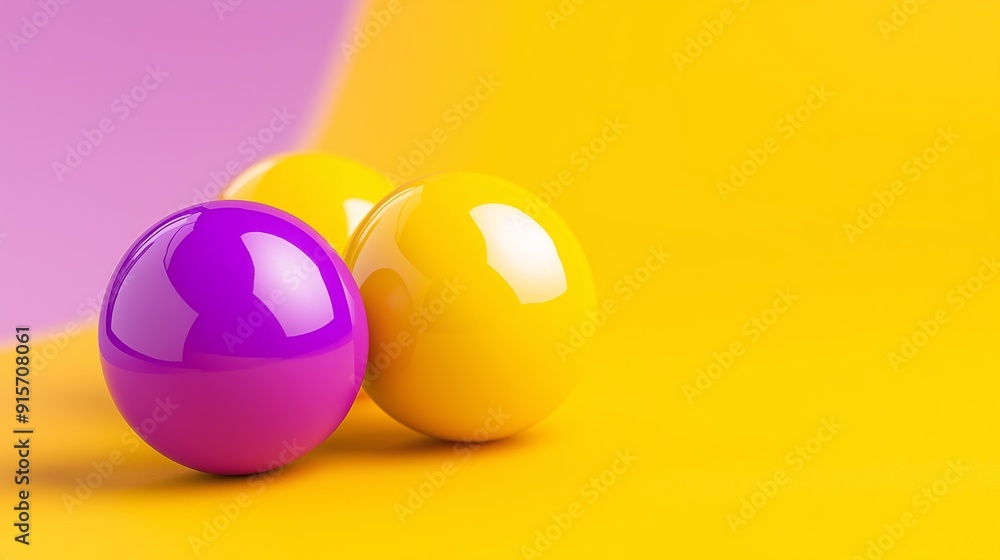 Poster three balls of different colors are placed on a yellow background. the image has a playful and color
