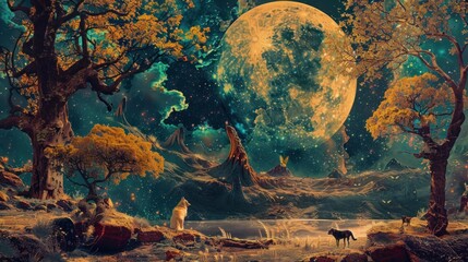 Symbolism Art Style of Tarot Card of the Moon, Enchanting Art Depicting the Moon in a Mystical Landscape with Wolves and Trees