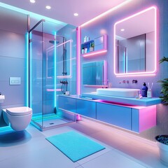 Modern bathroom design featuring sleek lines, vibrant neon lighting, and a stylish shower for a contemporary look.
