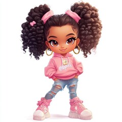 A cheerful girl character with curly hair, dressed in a pink hoodie and jeans, perfect for playful and youthful designs.