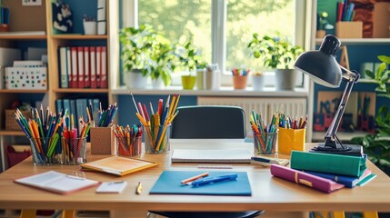 A vibrant workspace filled with colorful stationery, books, and plants, perfect for creativity and productivity.