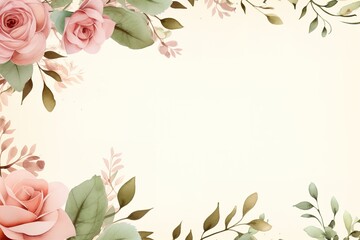 Fototapeta premium Watercolor floral frame with pink roses and green leaves on cream background.