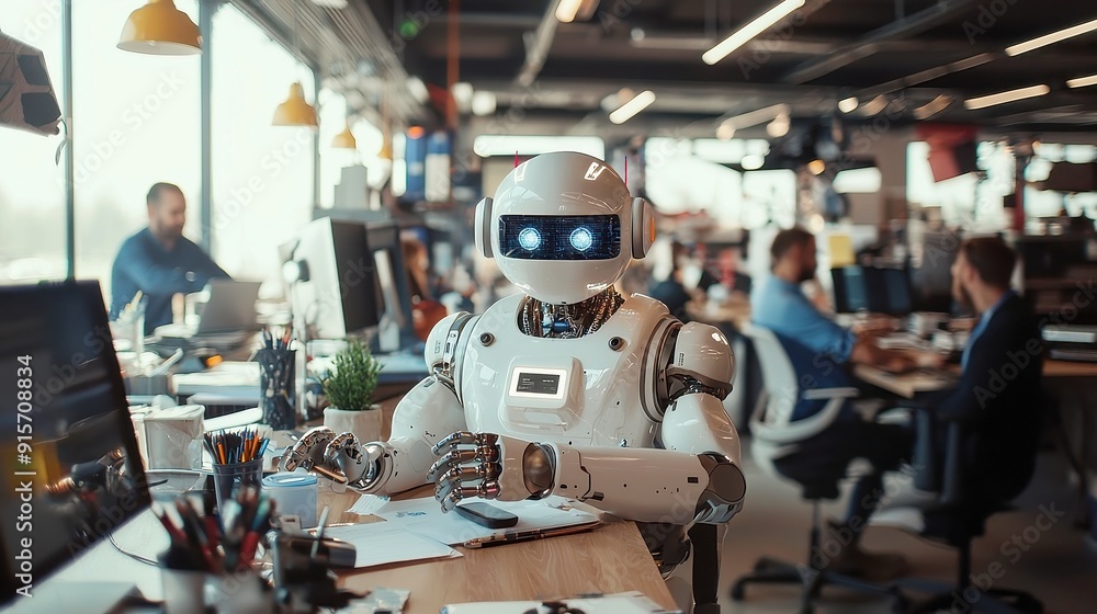 Aufkleber collaboration in the modern workplace, a vibrant office environment where humans and ai robots inter