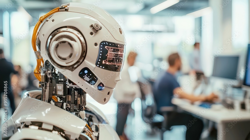 Poster collaboration between humans and ai robots in a modern office environment, showcasing teamwork in an