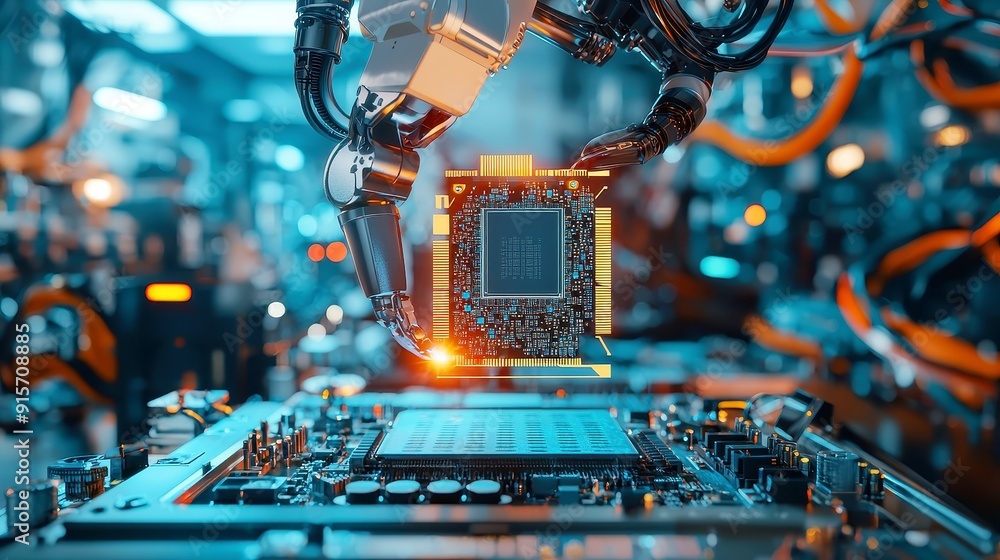 Poster modern robotic arm manufacturing advanced computer processors, showcasing an industrial manipulator 