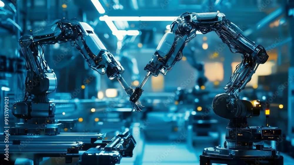 Aufkleber industrial revolution automation, mechanized robots and robotic arms in a factory, showcasing artifi
