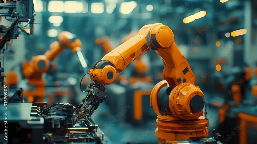 Poster industrial robotics revolution, mechanized industry robot and robotic arms enhance assembly lines, s