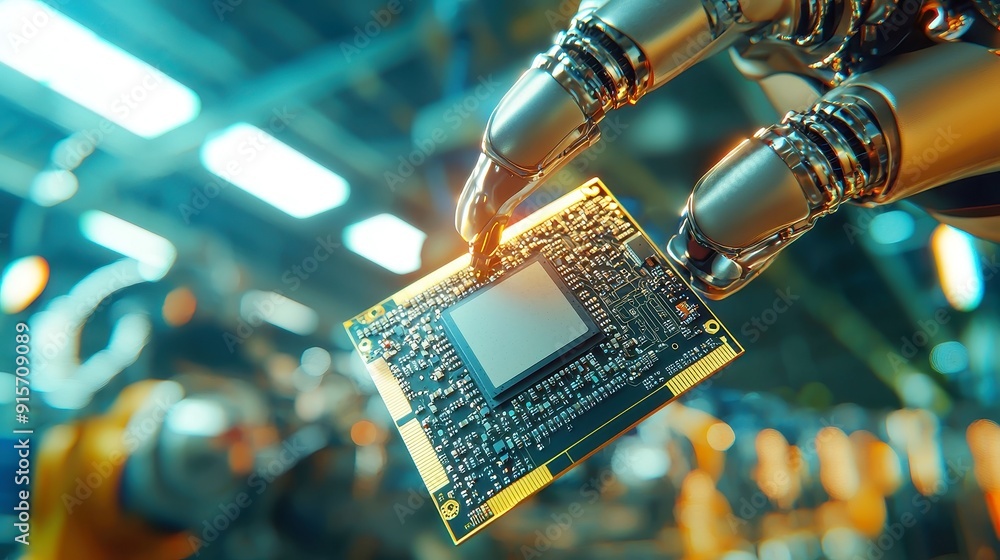 Poster Advanced Robotic Arm Assembling Cutting-Edge Supercomputer Processor in a Smart Factory Setting, Highlighting Industrial Automation and Technology Innovation