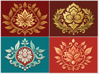 Set Vectors Elegant Floral Relief Design with Intricate Leaves and Petals Details