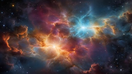 Naklejka premium Abstract background of fantasy space landscape with colorful design, contains nebulas, stars and planets in random placement