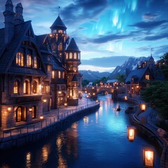 Obraz premium A charming riverside scene showcasing illuminated buildings under a beautiful night sky with glowing northern lights.