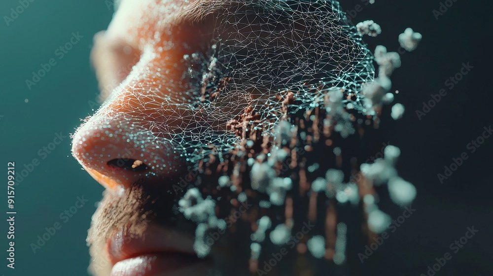 Poster facial recognition ai in abstract digital space, featuring wireframe human head and particles, illus