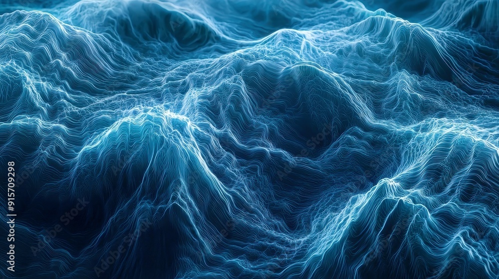 Poster vibrant digital wave patterns, an exploration of fluid motion and color in a boundless space, showca