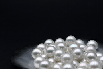 Expensive luxurious Chinese freshwater round pearls in a white shell, to be made into earrings, pendants or necklaces and sold in jewelry store. Popular feminine wedding accessory.