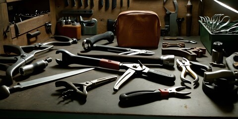 Fototapeta premium A comprehensive repair kit composition featuring a variety of tools, including pliers, screwdrivers, wrenches, and hammers, neatly arranged in a garage workshop.