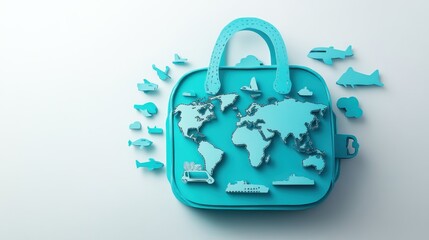 Turquoise travel bag with world map icons, paper cut style, flat lay, white background