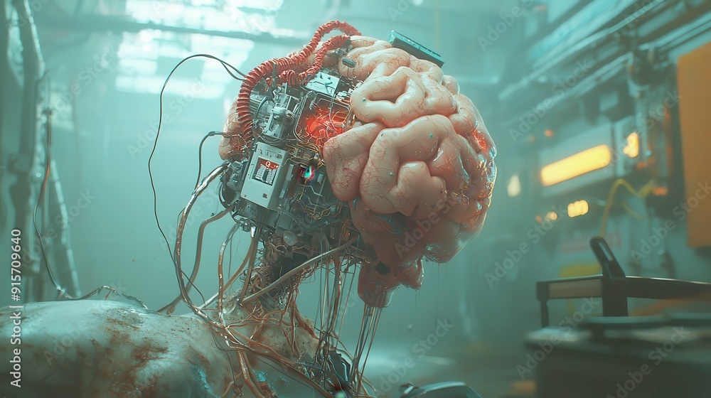 Poster brain interfacing with technology, seamless integration of neural pathways, open environment, explor