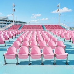 Naklejka premium A vibrant scene of empty pink stadium seats under a clear blue sky, perfect for event and venue-related themes.