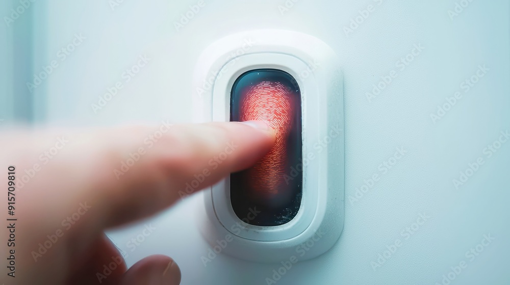 Poster biometric fingerprint security scan, a close-up view of a finger poised over a sleek sensor, emphasi