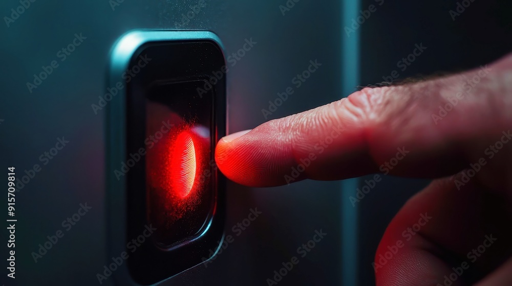 Poster biometric fingerprint security scan, a close-up view of a finger placed on a sleek sensor, emphasizi