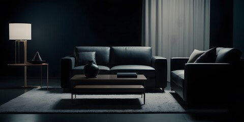Modern furniture set isolated in a dark room, highlighting sleek design and minimalist elegance.